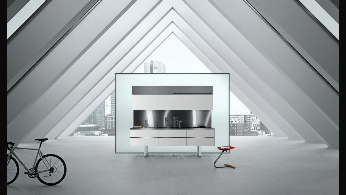 Cucina Design lineare Sipario in Fenix Bianco Alaska e Acciaio inox di Aran