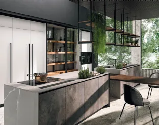 Cucina Design Volare con piante inserite nel top in laminato con penisola centrale di Aran