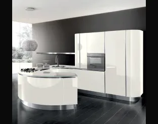 Cucina Design con penisola a semicerchio Volare in laccato lucido Bianco puro e top in vetro Bianco di Aran