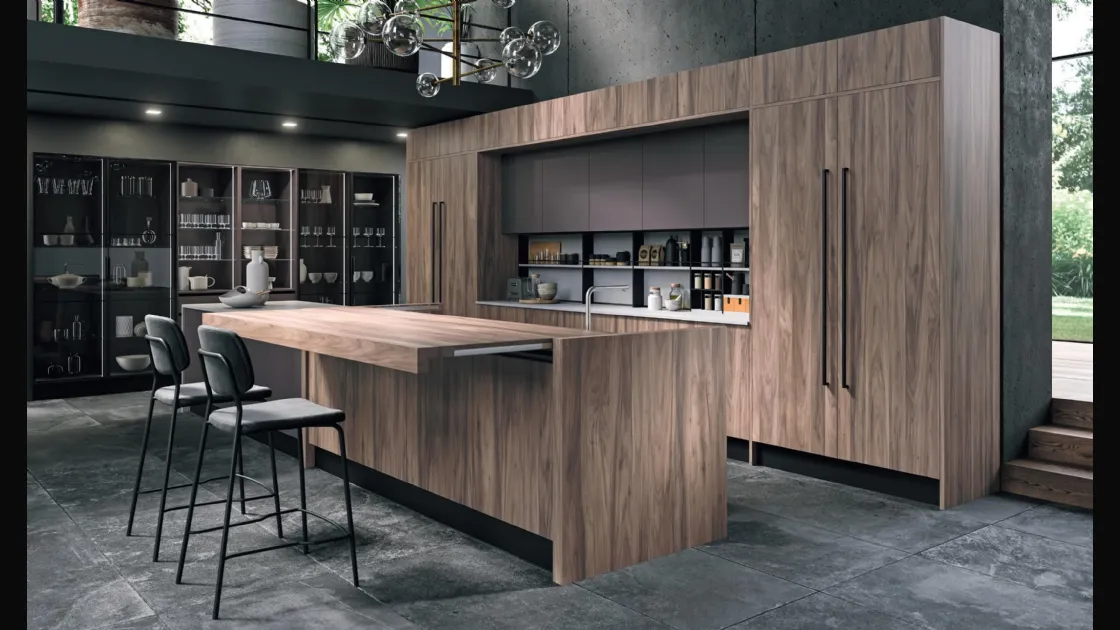 Cucina Design con isola Volare in Legno e Vetro di Aran