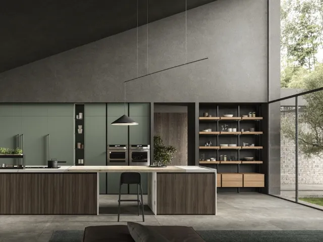 Cucina Design con isola Penelope in HPL Nero opaco e vetro di Aran