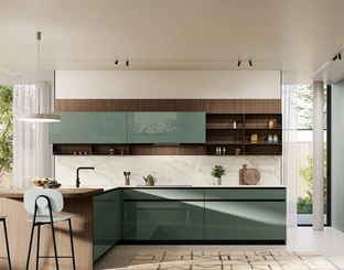 Cucina Moderna con penisola Altea Composizione 01 in vetro verde aloe di Prima Cucine