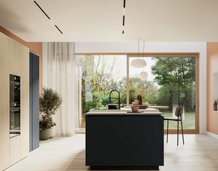 Cucina Moderna con isola Altea Composizione 03 in vetro nero opaco di Prima Cucine