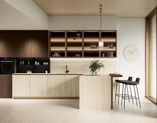 Cucina Moderna con penisola Altea Composizione 04 in laminam e legno di Prima Cucine