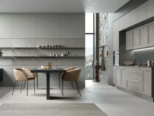 Cucina Moderna lineare City v07 in Termo Strutturato Rovere Brizzo e Pet Grigio Fumo di Stosa