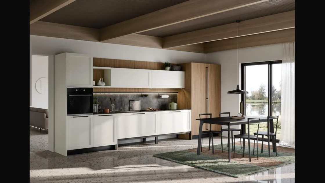 Cucina Moderna lineare Clio Composizione 05 in Pet bianco e laminato rovere di Prima Cucine