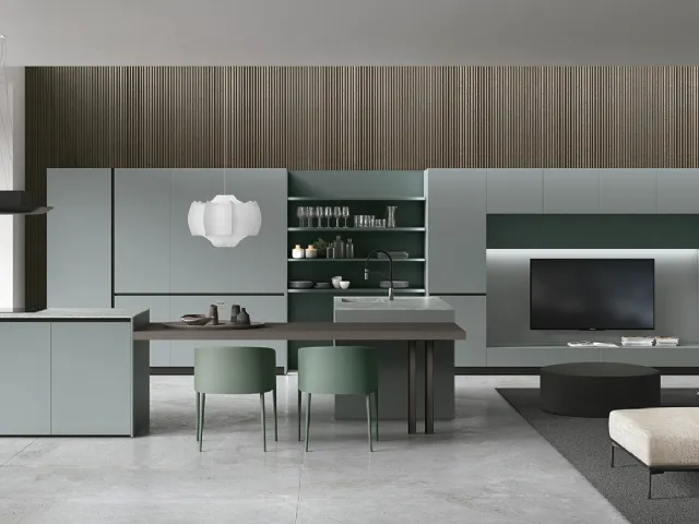 Cucina Moderna con isola Color Trend v02 in laccato opaco Grigio Daytona e Ginepro con piano snack in Rovere Dark di Stosa