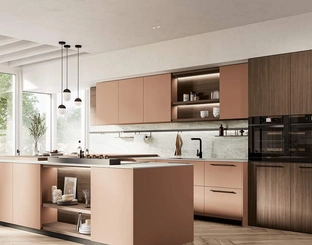 Cucina Moderna con penisola Domino Composizione 02 in laccato rosa petalo di Prima Cucine