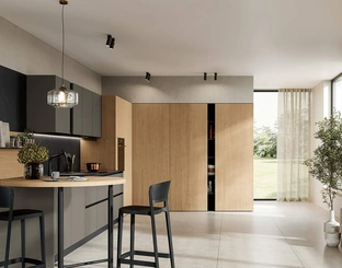 Cucina Moderna con penisola Domino Composizione 06 in melaminico metallico polvere cenere e rovere caramello di Prima Cucine