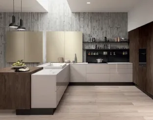 Cucina Moderna con penisola Erika in PET grigio Beton e LPL Quercia Moka di Aran