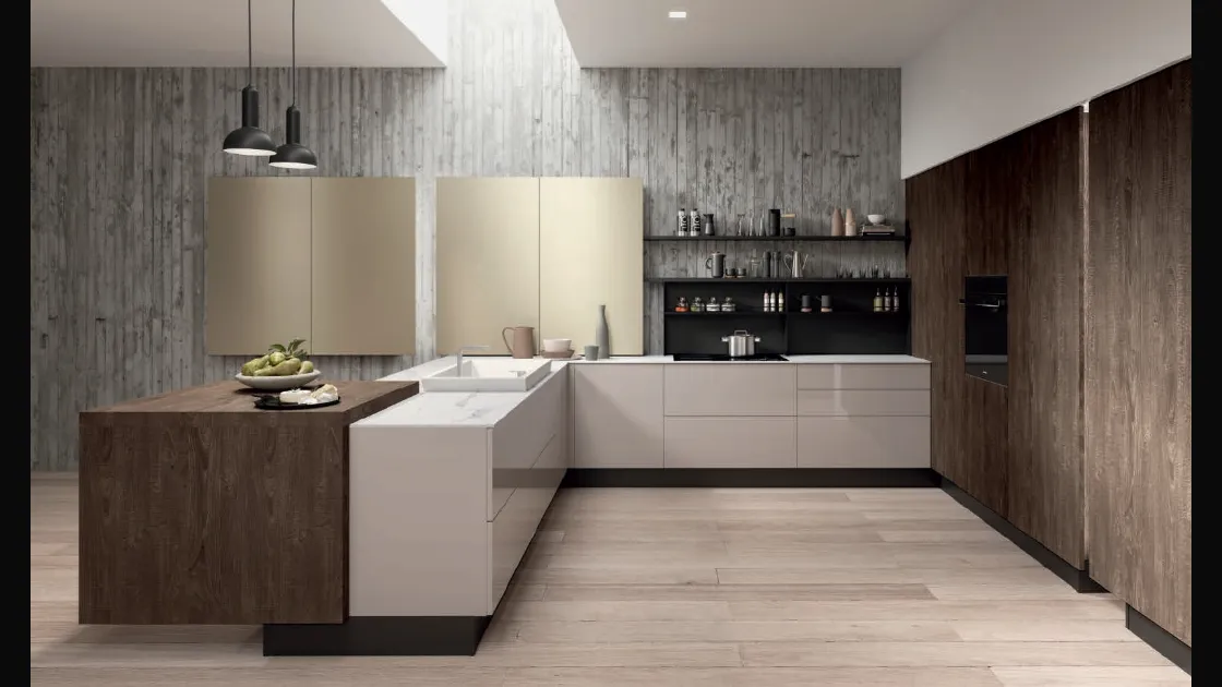 Cucina Moderna con penisola Erika in PET grigio Beton e LPL Quercia Moka di Aran