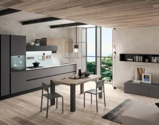 Cucina Moderna lineare Erika in LPL Ombra con profilo Nero e Rovere Brugès di Aran