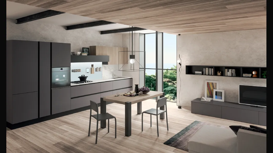 Cucina Moderna lineare Erika in LPL Ombra con profilo Nero e Rovere Brugès di Aran