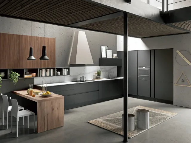 Cucina Moderna lineare Erika in PET laccato nero opaco e LPL Noce Caracalla di Aran