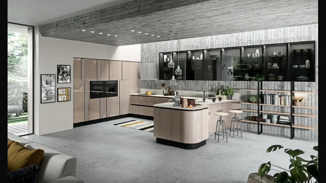 Cucina Moderna con penisola Erika in LPL Rovere cipria di Aran