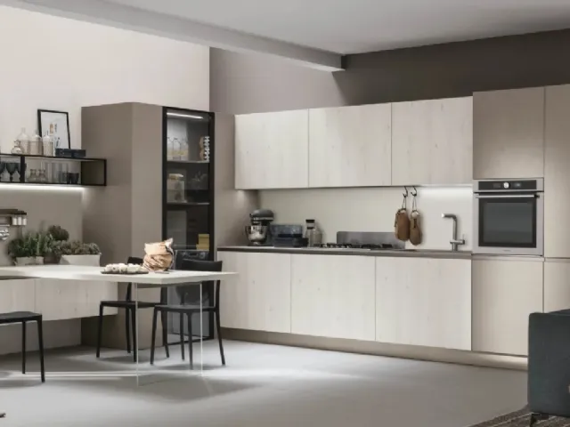 Cucina Moderna con penisola Infinity v12 in Termo Strutturato Larice Bianco e Cemento Visone di Stosa