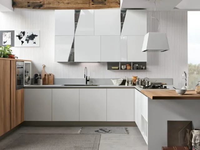 Cucina Moderna con penisola Infinity v14 in Pet Bianco e Rovere nodatodi Stosa