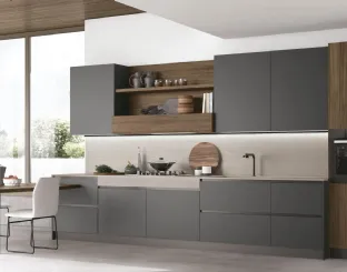 Cucina Moderna con penisola Infinity v02 in Pet canna di Fucile e Rovere Liquirizia di Stosa