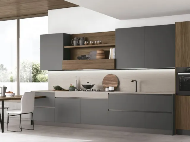 Cucina Moderna con penisola Infinity v02 in Pet canna di Fucile e Rovere Liquirizia di Stosa