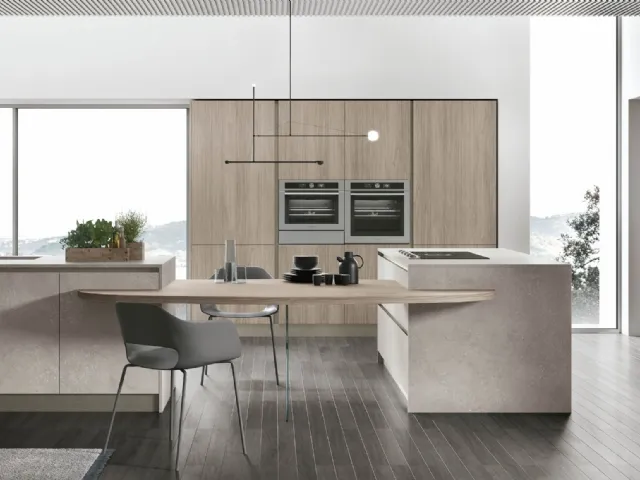 Cucina Moderna con isola Infinity v09 in Graniglia Fiume e Rovere Sesamo di Stosa