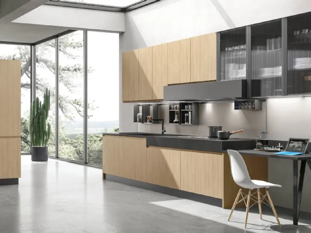 Cucina Moderna ad angolo Karma v05 in Termo Strutturato Rovere Essenza con top in HPL Ossido di Stosa