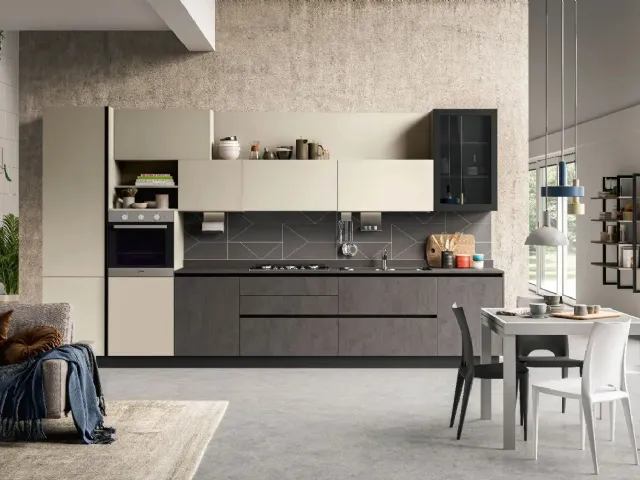 Cucina Moderna lineare Kaya v05 in nobilitato Conchiglia opaco e ossido materico Slate Grey di Stosa