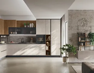 Cucina Moderna angolare Kaya v06 in cemento materico Sand e Termo Strutturato Noce Svezia di Stosa