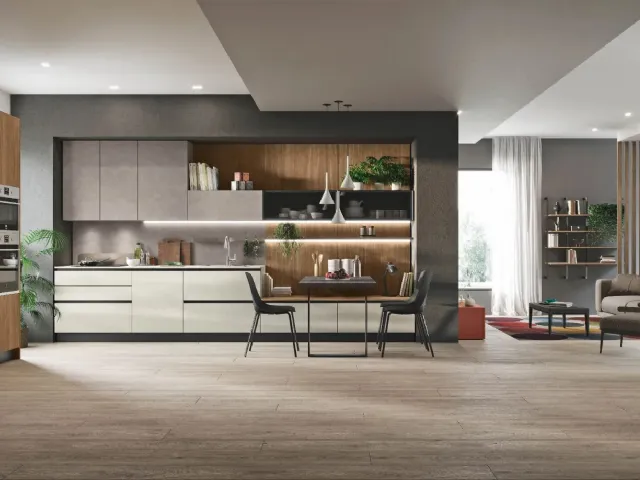 Cucina Moderna con penisola Kaya v01 in materico cemento Alu e Pola e Noce Svezia di Stosa