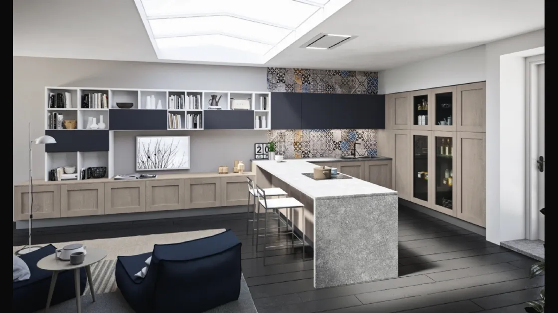 Cucina Moderna angolare con penisola Licia in legno di Rovere e Cemento di Aran