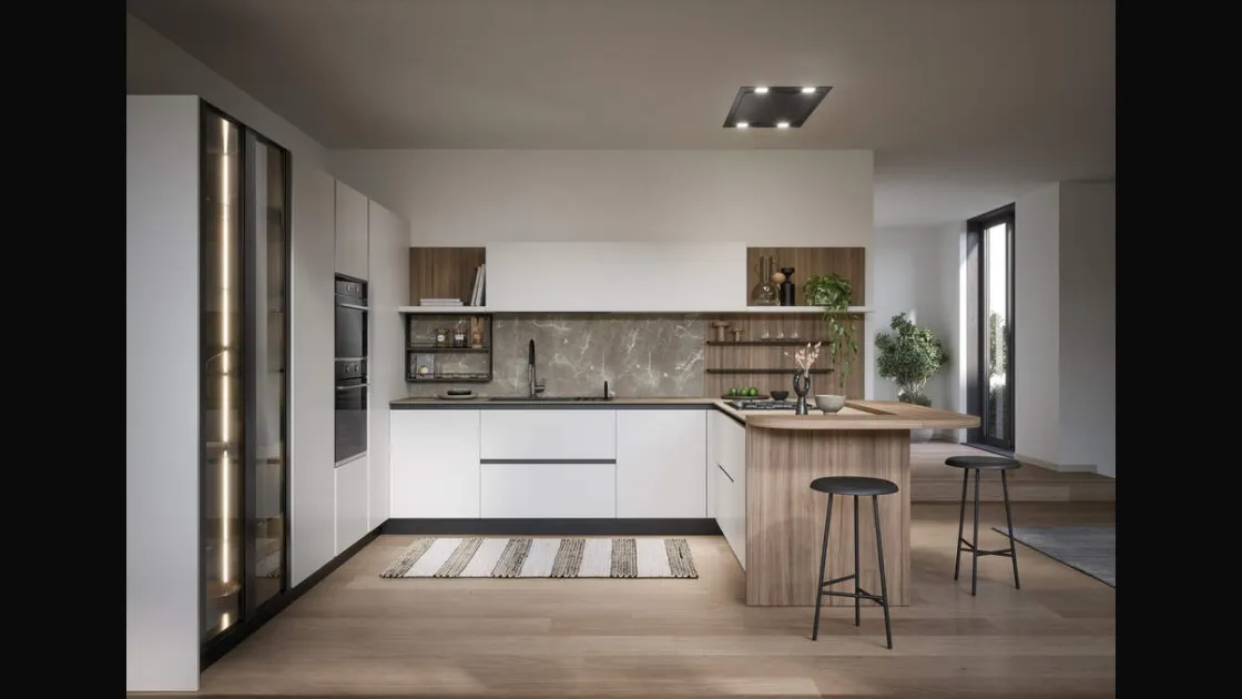 Cucina Moderna laccata lucida con penisola Luce Composizione 01 di Prima Cucine