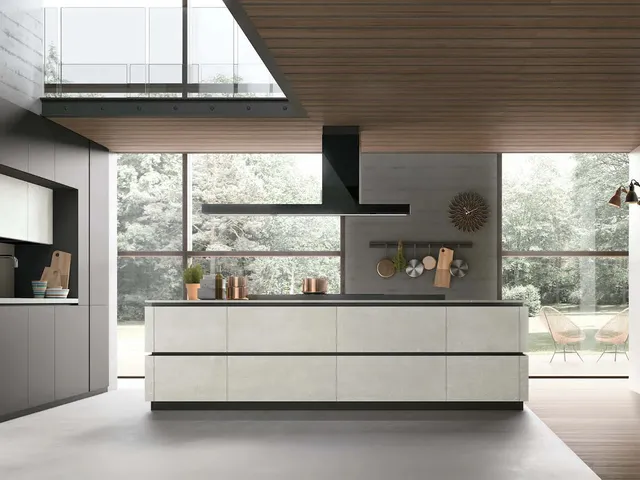 Cucina Moderna con isola Metropolis 10 in pet e materico Cemento Bianco di Stosa