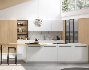 Cucina Moderna Metropolis v05 in Pet Bianco e Rovere Sole con top in HPL Calacatta di Stosa