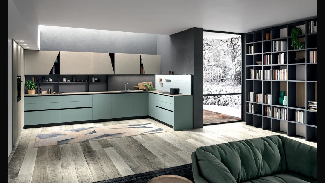 Cucina Moderna angolare Mia in LPL Verde Oliva e Argilla di Aran