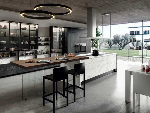 Cucina Moderna lineare con penisola Mia in LPL e top in HPL effetto marmo di Aran