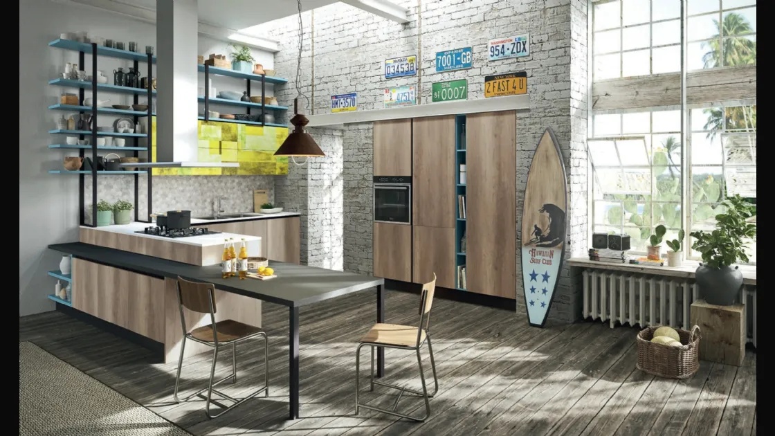 Cucina Moderna con penisola Mia in melaminico Rovere graffiato di Aran