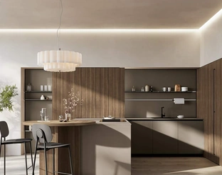 Cucina Moderna con penisola Domino Composizione 08 in melaminico metallico polvere argilla e melaminico noce Canaletto di Prima Cucine