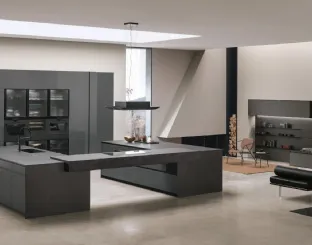 Cucina Moderna con doppia isola Aliant v01 in vetro lucido Lava e Neolith Basalt Black Satin con top in HPL Ossido di Stosa