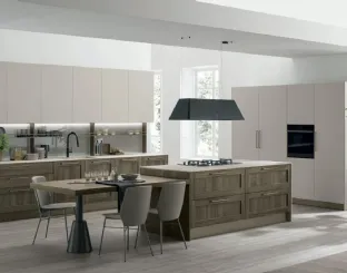 Cucina Moderna con isola City v01 in Termo Strutturato Rovere Liquirizia e Pet Beige Seta di Stosa