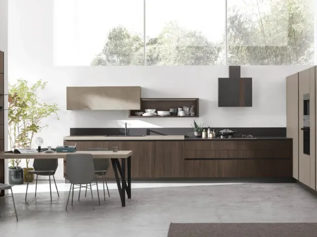 Cucina Moderna ad angolo Infinity v01 in Termo Strutturato Rovere Cumino e Graniglia di Stosa