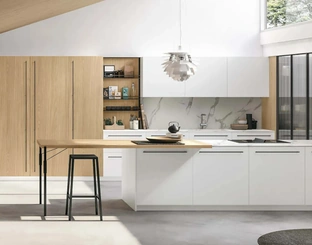 Cucina Moderna con penisola Metropolis 06 in Pet Bianco e Rovere Sole di Stosa