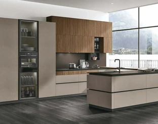 Cucina Moderna con penisola Metropolis 12 in materico Cemento Visone e Noce Eucalipto di Stosa