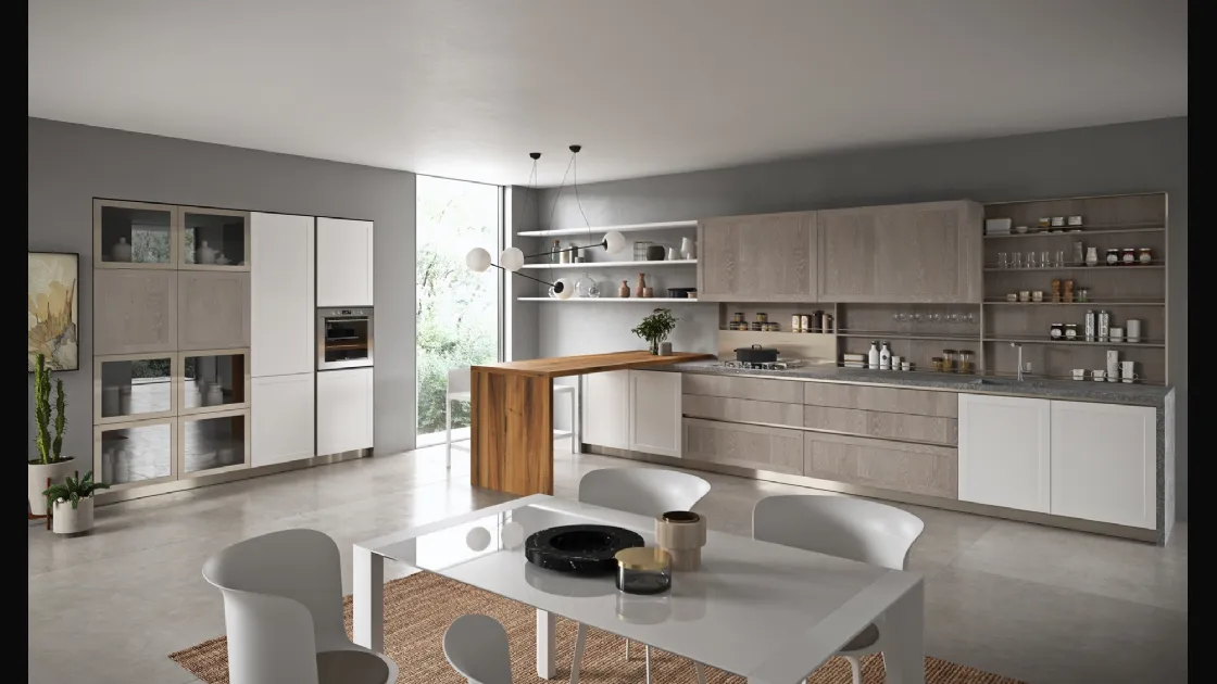 Cucina Moderna con penisola Vita Bella in Rovere Dust e laccato Bianco opaco di Aran