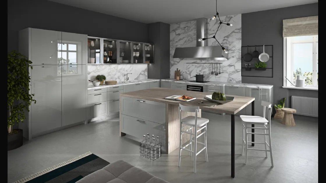 Cucina Moderna angolare con isola Vita Bella in laccato lucido Grigio e top in marmo di Carrara di Aran