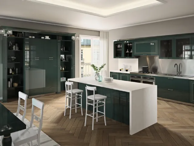 Cucina Moderna lineare Vita Bella in laccato lucido verde scuro e decorazione in argento di Aran