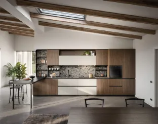 Cucina Moderna lineare con penisola Zoe Composizione 06 in melaminico noce e HPL canapa di Prima Cucine