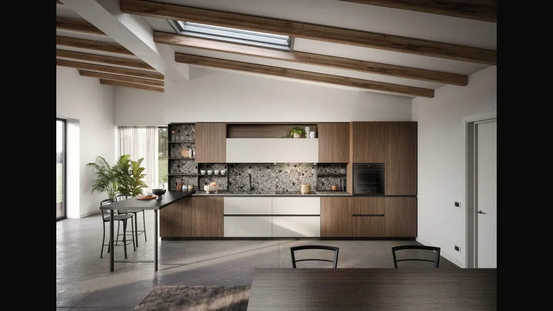 Cucina Moderna lineare con penisola Zoe Composizione 06 in melaminico noce e HPL canapa di Prima Cucine