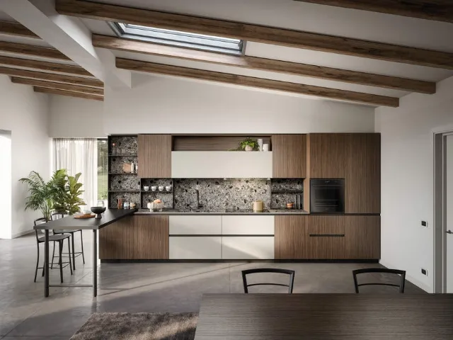 Cucina Moderna lineare con penisola Zoe Composizione 06 in melaminico noce e HPL canapa di Prima Cucine