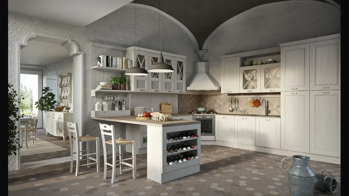 Cucina Shabby Chic Bellagio angolare con penisola in Frassino Bianco decapè di Aran