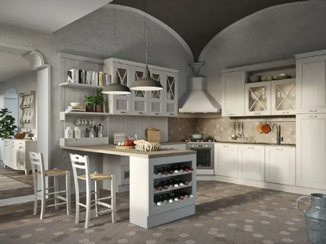 Cucina Shabby Chic Bellagio angolare con penisola in Frassino Bianco decapè di Aran